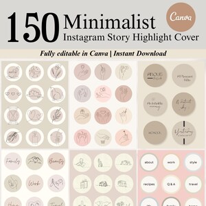 Pode incluir: Um conjunto de 150 capas minimalistas para destaques do Instagram. As capas apresentam ilustrações em linha e etiquetas de texto em tons neutros. O texto inclui "About", "Work", "Travel" e "Family".