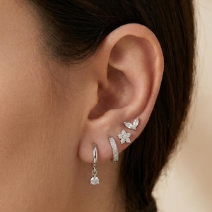 Silver Hoop Earrings Set, CZ Butterfly Flower Studs, Minimalist Everyday Jewelry