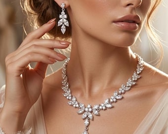 Conjunto de collar y pendientes de circonita cúbica para novias, joyería nupcial en forma de lágrima marquesa.