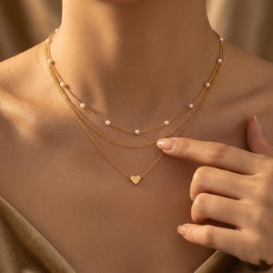 Multilayer Pearl Heart Necklace, Gold Layered Collarbone Chain Jewelry