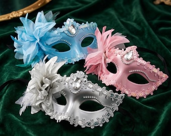 Elegante máscara de plata con flor – Máscara de estilo veneciano, máscara nupcial, accesorio de boda, máscara de disfraz de Halloween, máscara de fiesta para mujer