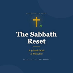 Könnte beinhalten: Eine marineblaue Grafik mit einem goldenen Kreuz und dem Text "The Sabbath Reset". Der Text darunter lautet "A 4-Week Guide to Holy Rest". Die Worte "CEASE. REST. RESTORE. REPEAT." stehen unten.