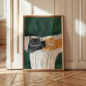 Two Cats On Sofa Illustrated Green Cozy Animal Wall Art Printable (Digital Download)