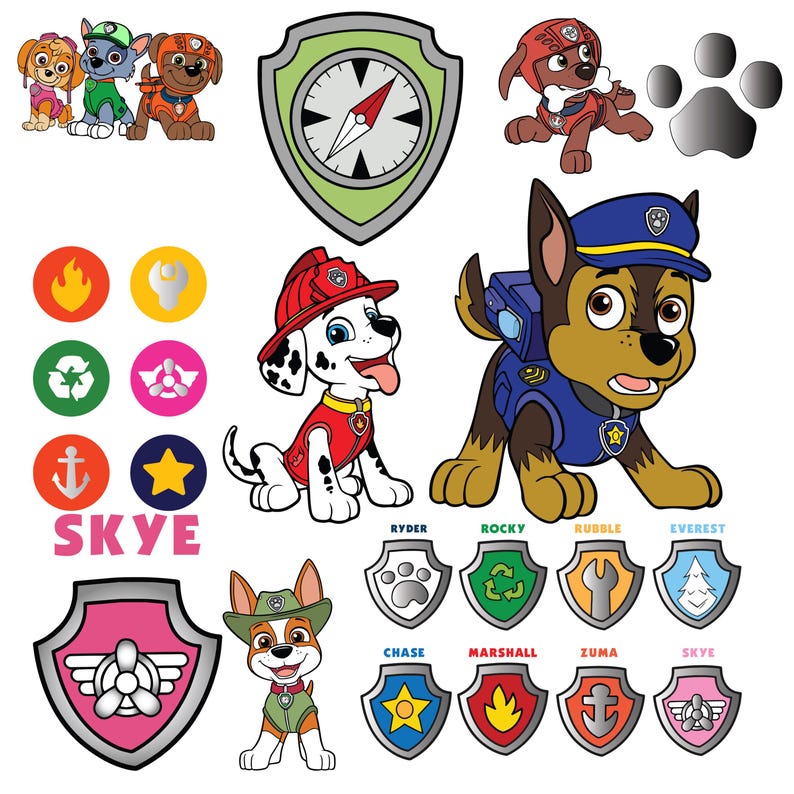 Op de afbeelding: Een verzameling kleurrijke cartoonafbeeldingen met de personages uit de animatieserie Paw Patrol. De afbeeldingen bevatten verschillende honden in uniformen, badges en symbolen, zoals een kompas, pootafdrukken en een ster.