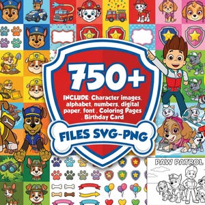 Può includere: Un design grafico digitale con i personaggi di Paw Patrol, tra cui Chase, Marshall e Skye. Il design include immagini dei personaggi, alfabeto, numeri, carta digitale, font, pagine da colorare e una carta di compleanno. Il design è in formati di file SVG e PNG.