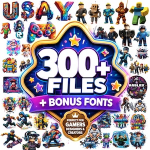 May include: A digital collection featuring over 300 files and bonus fonts, centered around a large star-shaped emblem with the text 300+ FILES + BONUS FONTS. The image displays numerous colorful Roblox-themed character illustrations and game icons.