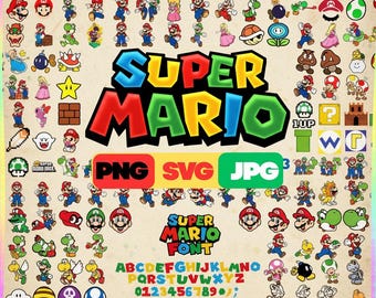 Super Mario SVG-bundel, personages, lettertype, clipart (digitale download)