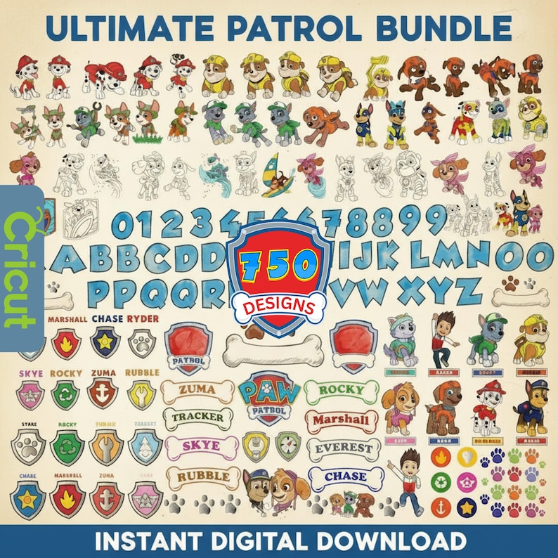 Op de afbeelding: Digitale designbundel met stripfiguren, cijfers en letters. Bevat de tekst "ULTIMATE PATROL BUNDLE", "750 DESIGNS" en "INSTANT DIGITAL DOWNLOAD". De ontwerpelementen zijn in verschillende kleuren en stijlen.