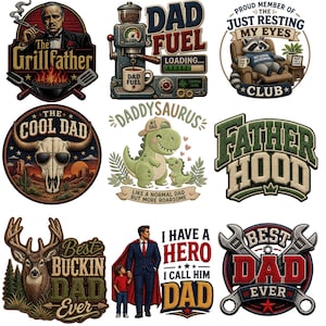Könnte beinhalten: Eine Sammlung von neun farbenfrohen Grafikdesigns mit Text, perfekt für den Vatertag. Designs beinhalten "The Grillfather", "Dad Fuel", "The Cool Dad", "Daddysaurus", "Fatherhood", "Best Buckin Dad Ever", "I Have a Hero I Call Him Dad" und "Best Dad Ever".