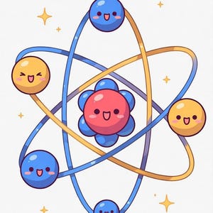 May include: A cartoon illustration of an atom with a central red core surrounded by blue and yellow orbiting spheres. Each sphere has a smiling face. The background is white with yellow star accents.