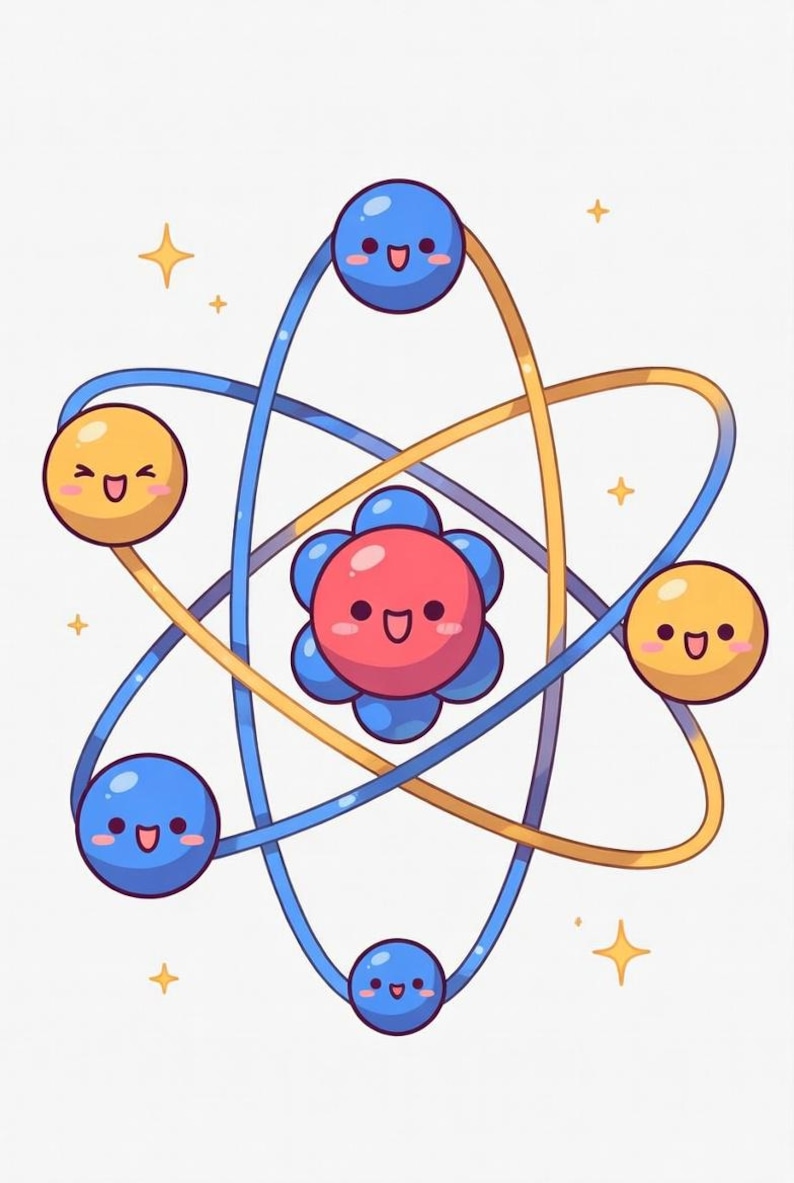 May include: A cartoon illustration of an atom with a central red core surrounded by blue and yellow orbiting spheres. Each sphere has a smiling face. The background is white with yellow star accents.