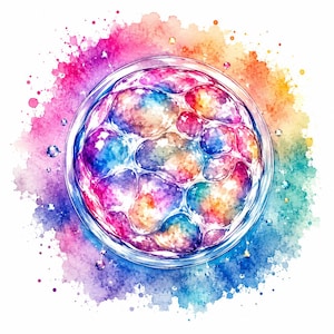 Può includere: Una piastra di Petri circolare contenente un gruppo di cellule multicolori, resa in un vivace stile acquerello. Le cellule presentano sfumature di rosa, blu, giallo e viola, circondate da un effetto di schizzi di vernice su sfondo bianco.