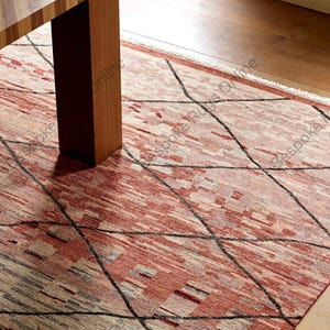 Handgeknoopt beige abstract vloerkleed minimaal geometrisch lijnpatroon wollen vloerkleed modern neutraal ontwerp Zacht handgemaakt tapijt