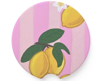 Citroen op roze strepen Speksteen autoonderzetter | Roze gestreept citroenontwerp