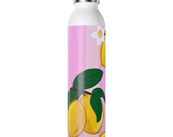 Botella de agua delgada Lemon Branch / Estampado floral cítrico rosa