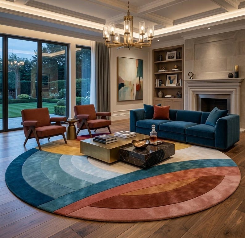 Abstract Round Area Rug, Colorful Landscape Boho Carpet, Soft Nursery ...