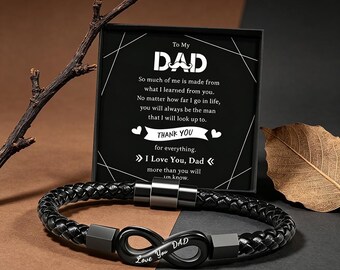 To My Dad Custom Engraved Bracelet Black Leather Braided Magnetic Infinity Mens Gift