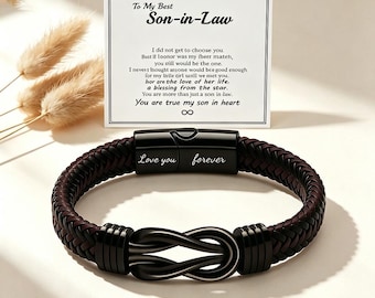 To My Best Son In Law Bracelet Personalized Infinity Leather Band Custom Engraved Gift for Him Magnetic Clasp Mens Wristband Wedding