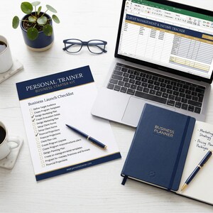 Może przedstawiać: Miejsce pracy z laptopem, notatnikiem i listą kontrolną. Lista kontrolna nosi tytuł "Business Launch Checklist" i zawiera elementy takie jak "Zdefiniuj grupę docelową" i "Zaprojektuj plan marketingowy". Niebieski notatnik z napisem "Business Planner".