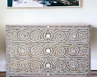 Mother of Pearl inlay Dresser : Floral Vine 3- Drawer handmade cabinet