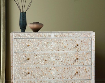 Perlmutt Inlay Dresser | Blumenkommode mit 3 Schubladen und Messingknöpfen