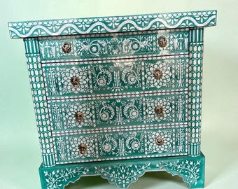 Indian Floral inlay Dresser Mother of pearl Chest of Drawers, Vintage Luxury Storage Cabinet | Minor MOP inlay work | Artistic Drawer