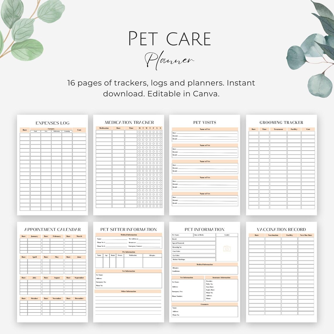 Pet Care Planner Printable for Dogs & Cats | Health, Vet Records ...