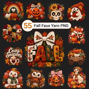 PNG-Garn-Set mit Herbstmotiven, gemütliches Kürbis-Patchwork-Weihnachts-Schleife, Häkelgarn für Herbst- und Thanksgiving-Shirts (PNG-Sublimation)