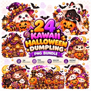 May include: A digital graphic bundle featuring 24 Kawaii Halloween Dumpling designs. The collection includes illustrations of cute characters in witch hats, pumpkins, a haunted house, and a train, all decorated with autumn leaves and candy.