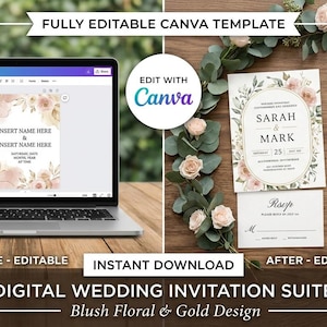 Puede incluir: Conjunto de invitaciones de boda digitales con un diseño floral rubor y dorado. La imagen muestra una computadora portátil y un teléfono inteligente que muestran la plantilla de invitación, junto con ejemplos impresos. El texto incluye "Sarah & Mark" y "Details".