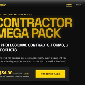 Könnte beinhalten: Digitale Werbung auf schwarzem Hintergrund für ein "CONTRACTOR MEGA PACK". Der gelbe Text hebt 42 professionelle Verträge, Formulare und Checklisten hervor. Für Bauunternehmen.