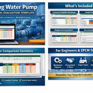 Puede incluir: Una plantilla digital para evaluar bombas de agua de refrigeración, con una comparación de proveedores basada en Excel y una puntuación ponderada. La imagen incluye capturas de pantalla del libro de trabajo, la hoja de resumen y la matriz de puntuación.