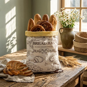 May include: A reusable bread bag filled with various types of bread, including baguettes and pretzels, sits on a wooden table. The bag is white with a yellow rim and features the text "BREAD BAG" and bread illustrations. Sliced bread and a loaf are in front.