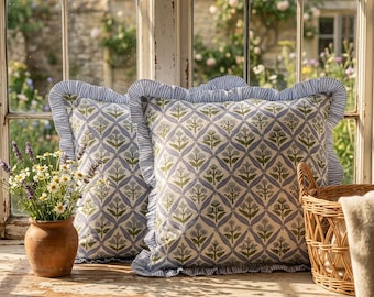 Block Print Light Steel Blue Pillow Covers Set of 2,  Cotton Canvas with Ruffle for Couch, Spring Easter Gift