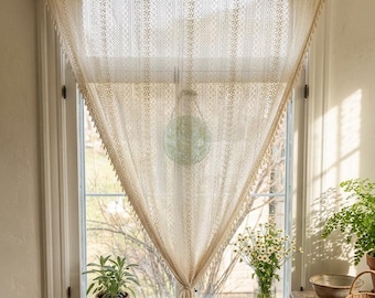 Beige Boho Lace Short Curtain , Crochet Valance with Tassels for Kitchen Window Over Sink