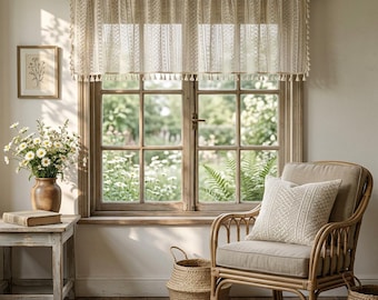 Beige Boho Lace Short Curtain , Crochet Valance with Tassels for Kitchen Window Over Sink