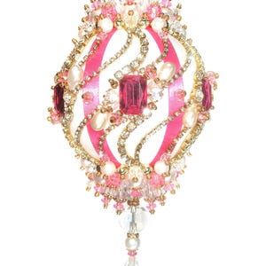 Sparkly Handmade Christmas Ornament, Hot Pink Rhinestones Beads Pearls Ribbon