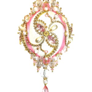 Elegant Christmas Tree Ornament, Light Pink Rhinestones Beads Pearls Ribbon