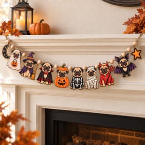 May include: A Halloween-themed garland featuring a string of natural wooden beads interspersed with flat wooden cutouts of pugs dressed in various costumes, including a ghost, witch, vampire, pumpkin, skeleton, mummy, devil, and bat.