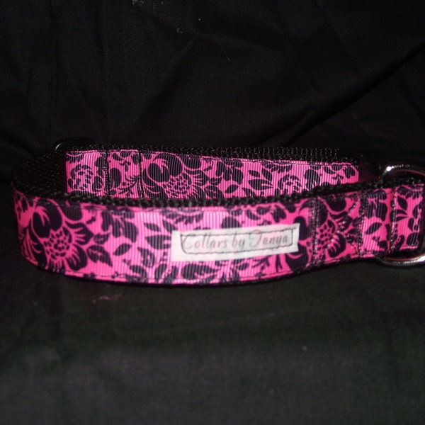 Pink and black flowers dog collar or martingale