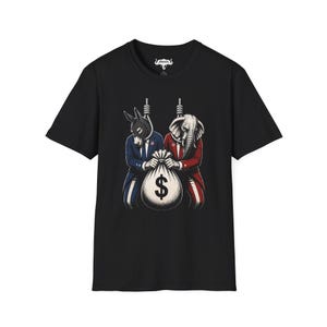 Colección False Flag, Camiseta Burro Elefante, Camiseta Marioneta Política, Camiseta Gráfica Corrupción, Diseño Bolsa de Dinero, Ropa Urbana Declarada
