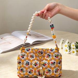 Colorful flower full bead handmade handbag, large pearl shoulder strap sparkling bead banquet bag, bridesmaid gift banquet sparkling bag