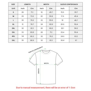 May include: A size chart for a t-shirt featuring a table with columns for size, length, width, and sleeve center back in both inches and centimeters. Below the table is a line drawing of a t-shirt with arrows indicating measurement points.