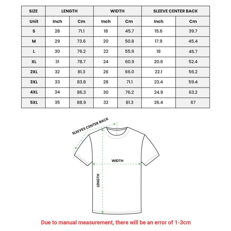 May include: A size chart for a t-shirt featuring a table with columns for size, length, width, and sleeve center back in both inches and centimeters. Below the table is a line drawing of a t-shirt with arrows indicating measurement points.