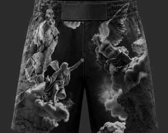 Black Angel Combat Shorts, Renaissance Aesthetic Gym Shorts, Men Muay Thai MMA Training Shorts, Mesh Workout Shorts, Dark Academia Gift