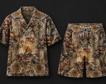 Renaissance Oil Painting Shirt and Shorts Set, Vintage Baroque Men Summer Outfit, Hawaiian Beach Co-ord Set, Streetwear Two Piece Set