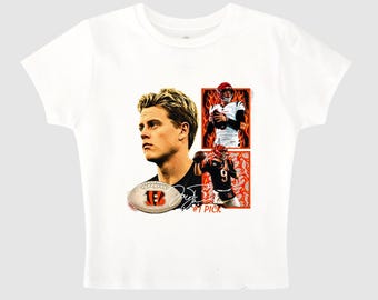 Joe Burrow Y2K Baby Tee, Cincinnati Football Graphic Crop Top, Vintage Sports Coquette Shirt, Gift for Her, y2k baby tee
