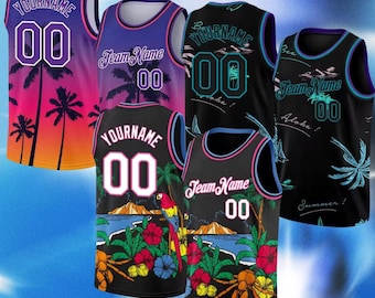 Custom Basketball Jersey, Personalized Tropical Summer Tank Top, Custom Name Number Hawaiian Basketball Shirt, Beach Group Vacation Gift