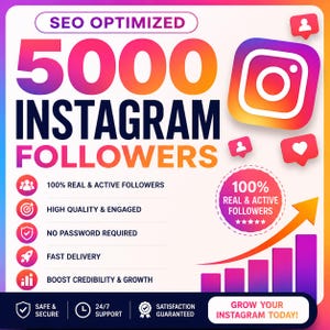 Può includere: Grafica promozionale con il testo "SEO OTTIMIZZATO 5000 FOLLOWERS INSTAGRAM." Include il logo di Instagram, icone e frasi come "100% Follower Reali e Attivi" e "Fai crescere il tuo Instagram oggi!" La combinazione di colori è un gradiente di rosa, arancione e viola.