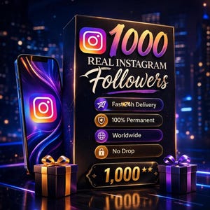 May include: An advertisement for 1,000 Instagram followers. The image features a smartphone with the Instagram logo, a black box with the text "1000 Real Instagram Followers", and two gift boxes. The text also includes "Fast 24h Delivery", "100% Permanent", "Worldwide", and "No Drop".